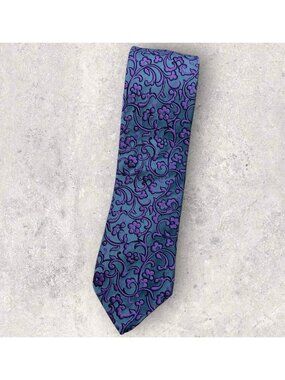 DUCHAMP Silk Tie ENGLAND XL Blue Purple Paisley Floral W:3.6" EUC